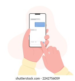 Flat Design, Hands with Phone Modern Illustration, Vector Concept Cartoon Chat, Messaging