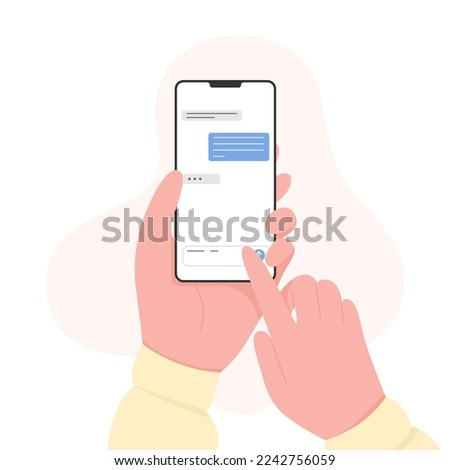 Flat Design, Hands with Phone Modern Illustration, Vector Concept Cartoon Chat, Messaging