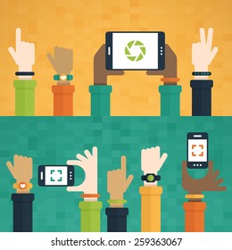 Flat design with hands raised holding mobile devices and wearing technology products.