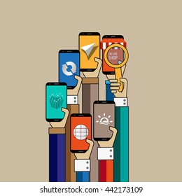 Flat design with hands raised holding mobile devices and wearing technology products