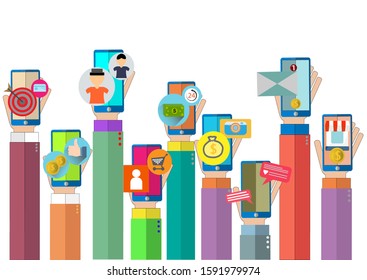 Flat design of hands using app at smartphone.Hands holding smartphone using different mobile applications.social online,icon,use app,Vector internet and technology concept.