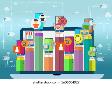 Flat design of hands using app on note book.Hands holding smartphone using different mobile applications.social online,icon,Vector internet and technology concept.