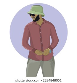 Diseño plano de un hombre guapo que lleva sombrero, reloj de pulsera y gafas de sol