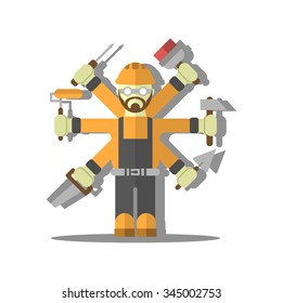 Flat design handyman builder icon with a lot of hands and different tools isolated on white background. Vector illustration.