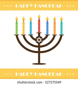 Flat design hanukkah vector card with menorah and colorful candles. Jewish traditional holiday. 