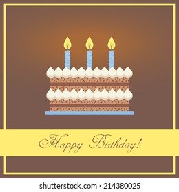 Flat Design Happy Birthday Greeting Card with Chocolate Cake, Whipped Cream and Blue Burning Candles Placed in Abstract Frame Plus Calligraphic Congratulation Words on Brown Background