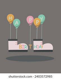 Flat Design Happy Birthday Illustration with Hiking Boots and Balloons