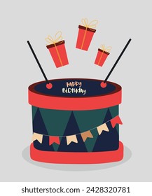 Flat Design Happy Birthday Illustration with Children's Drum and Presents,Decoration	