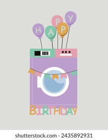 Flat Design Happy Birthday Illustration with Laundry Machine and Balloons