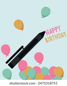 Flat Design Happy Birthday Illustration with Pen and Balloons Background