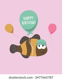 Flat Design Happy Birthday Illustration with Fish and Balloons