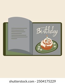 Flat Design Happy Birthday Illustration with Open Book at Cinnamon Roll and Plate