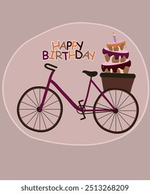 Flat Design Happy Birthday Illustration with Bicycle at Cake