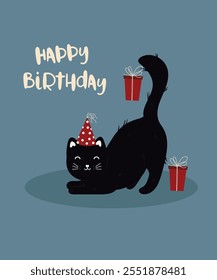 Flat Design Happy Birthday Illustration with Cute Character Black Cat and Wear Party Hat , Presents