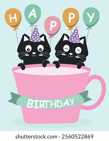 Flat Design Happy Birthday Illustration with Two Black Cats and a Cup of Drink