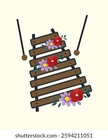 Flat Design Happy Birthday Illustration with xylophone and Flowers Background