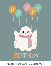 Flat Design Happy Birthday Illustration with Ghost and Balloon, Scarf