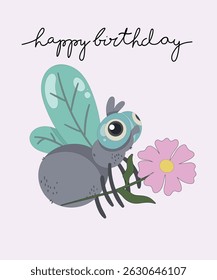 Flat Design Happy Birthday Illustration with Fly Insect and Holding Flower