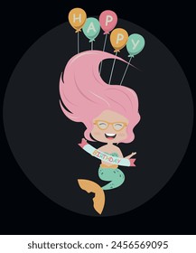 Flat Design Happy Birthday with Mermaid at Sunglasses,Balloons