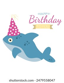 Flat Design Happy Birthday To You Illustration With Dolphin and Party Hat