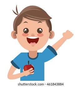 flat design happy boy cartoon holding apple icon vector illustration