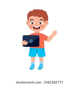Flat design happy boy using a tablet isolated vector illustration