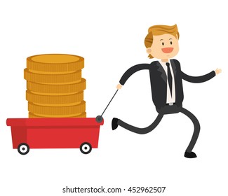 flat design happy businessman pulling wagon with coins icon vector illustration