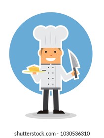 flat design happy chef serve food and knife in hand in circle background