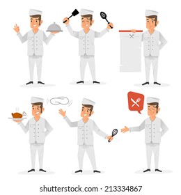Flat design of a happy chef in various positions and gestures