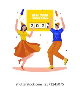 Flat design of happy couple celebrating party, New year countdown, Vector illustration