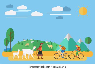 Flat design, Happy couple riding bicycles and a woman with alpacas in South America