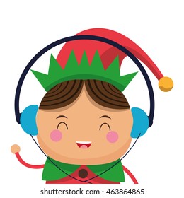 flat design happy cute christmas elf listening to music icon vector illustration