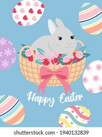 Flat Design Of Happy Easter With Cute Chubby Bunny.