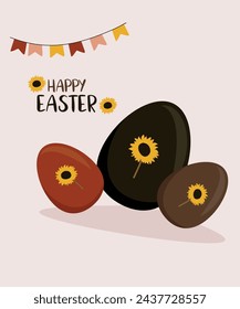 Flat Design Happy Easter Illustration with Eggs at Sunflowers Pattern and Decorations