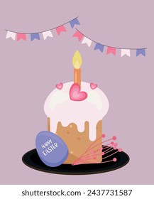 Flat Design Happy Easter Illustration with Easter Cake at Hearts and Egg,Decorations