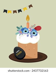  Flat Design Happy Easter Illustration with Easter Cake at Flowers and Egg,Decoration