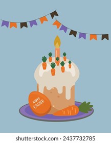 Flat Design Happy Easter Illustration with Easter Cake at Carrot Taste and Egg,Decorations