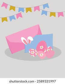 Flat Design Happy Easter Illustration with Envelope and Letter, Egg, Bunny Ears