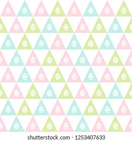 Flat design Happy Easter seamless vector pattern with simple painted eggs. Colorful geometric abstract ornamental regular texture with triangles. Holiday light blue, pink, green spring background.