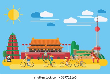 Flat design, Happy family biking in China