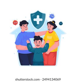 Diseño plano de familia feliz protegida de la pandemia del virus, Cuidar la salud de la familia quedándose en casa, Ilustración vectorial