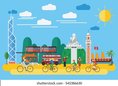 Flat Design, Happy Family Riding Bicycles In Hong Kong,vector