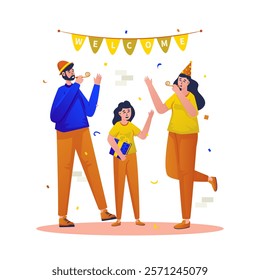 Flat design of happy family welcoming party, Blowing paper whistle, Giving surprise gift, Vector illustration