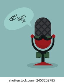  Flat Design Happy Father's Day Illustration with Retro Microphone and Ribbon, Moustache