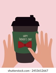 Flat Design Happy Father's Day Illustration with Hands Holding a Coffee Take Away at Ribbon Pattern