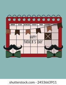  Ilustración del día del padre feliz del diseño plano con el calendario en bigote, cinta