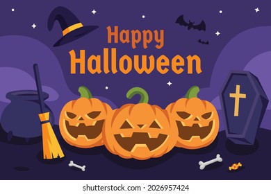 Flat Design Happy Halloween Background. Vector illustration
