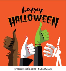 Flat design Happy Halloween thumbs up with werewolf, witch, zombie and skeleton hands. EPS 10 vector.