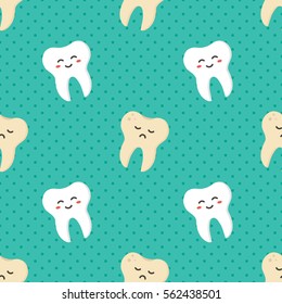 Flat design happy healthy and sad unhealthy tooth seamless pattern background.
