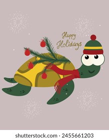 Flat Design Happy Holiday Illustration with Turtle Wearing Hat, Scarf,Decoration,Branch